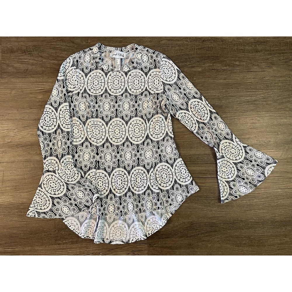 Joseph Ribkoff Top Blouse Womens Size 8 Black White Geometric‎ Floral I10